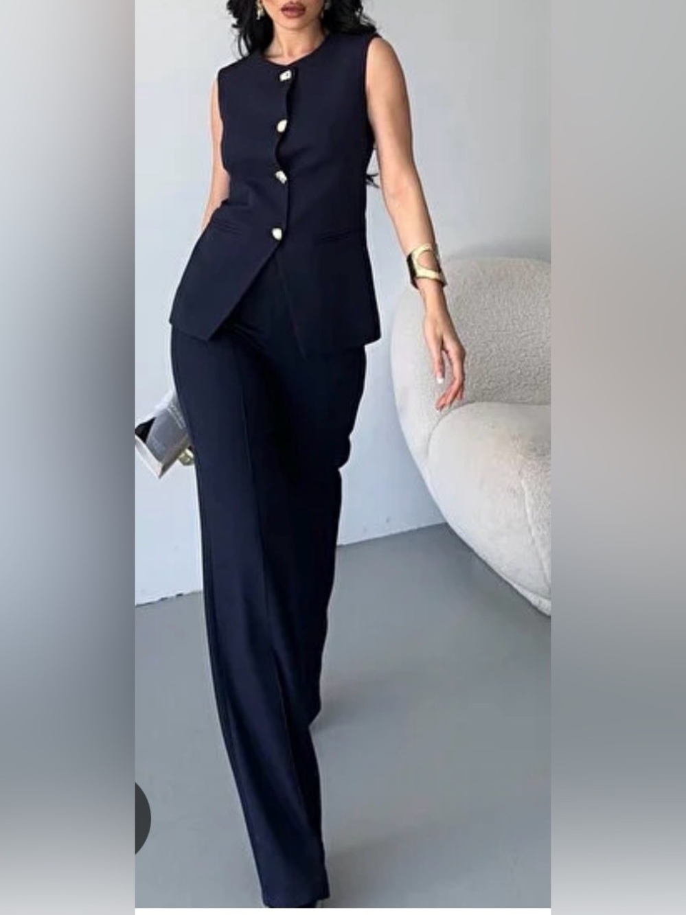 2-piece navy blue pantsuit sleeveless vest w/ gold buttons, straight leg pants L